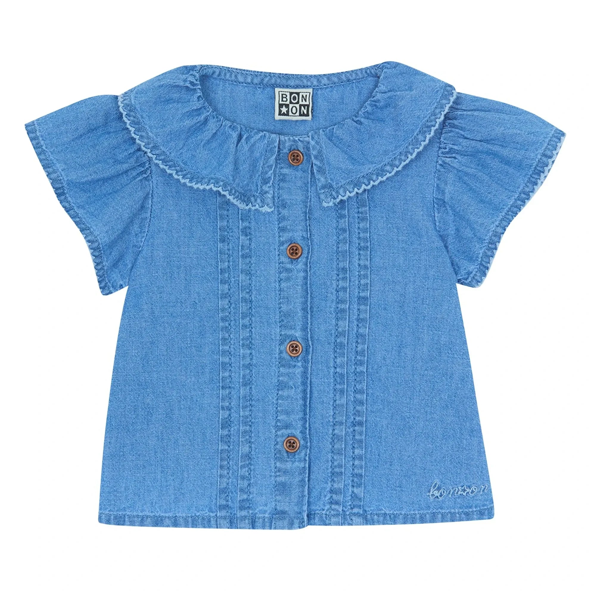 Bonton - Nancy Chambray Blusa de bebé con mangas abullonadas | Azul denim
