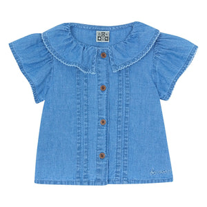 Bonton - Nancy Chambray Blusa de bebé con mangas abullonadas | Azul denim