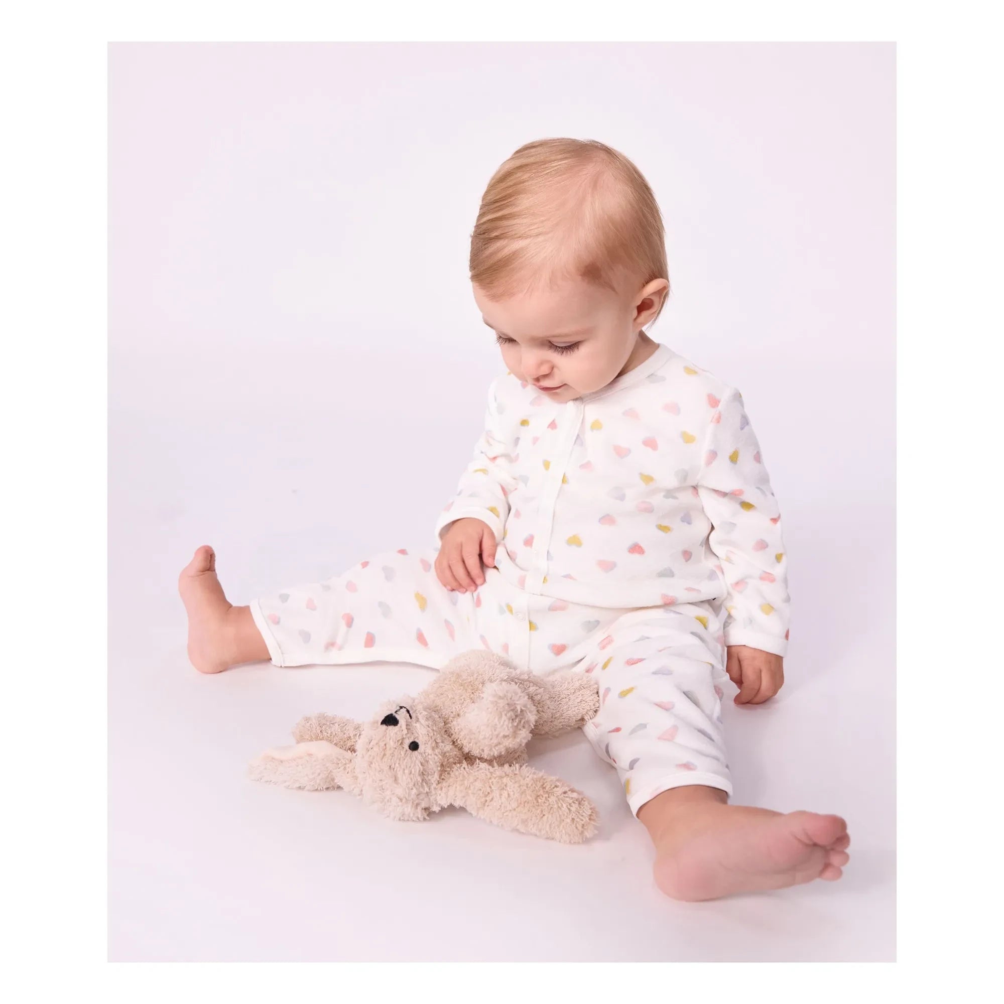 Petit Bateau - Pijama de Algodón Aterciopelado con Corazones de Rizo | Blanco