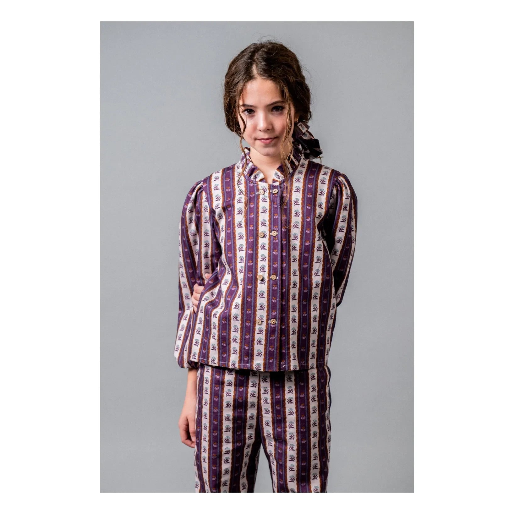 birinit - Blusa Montal a Rayas con Estampado Floral y Cuello Fruncido | Morado