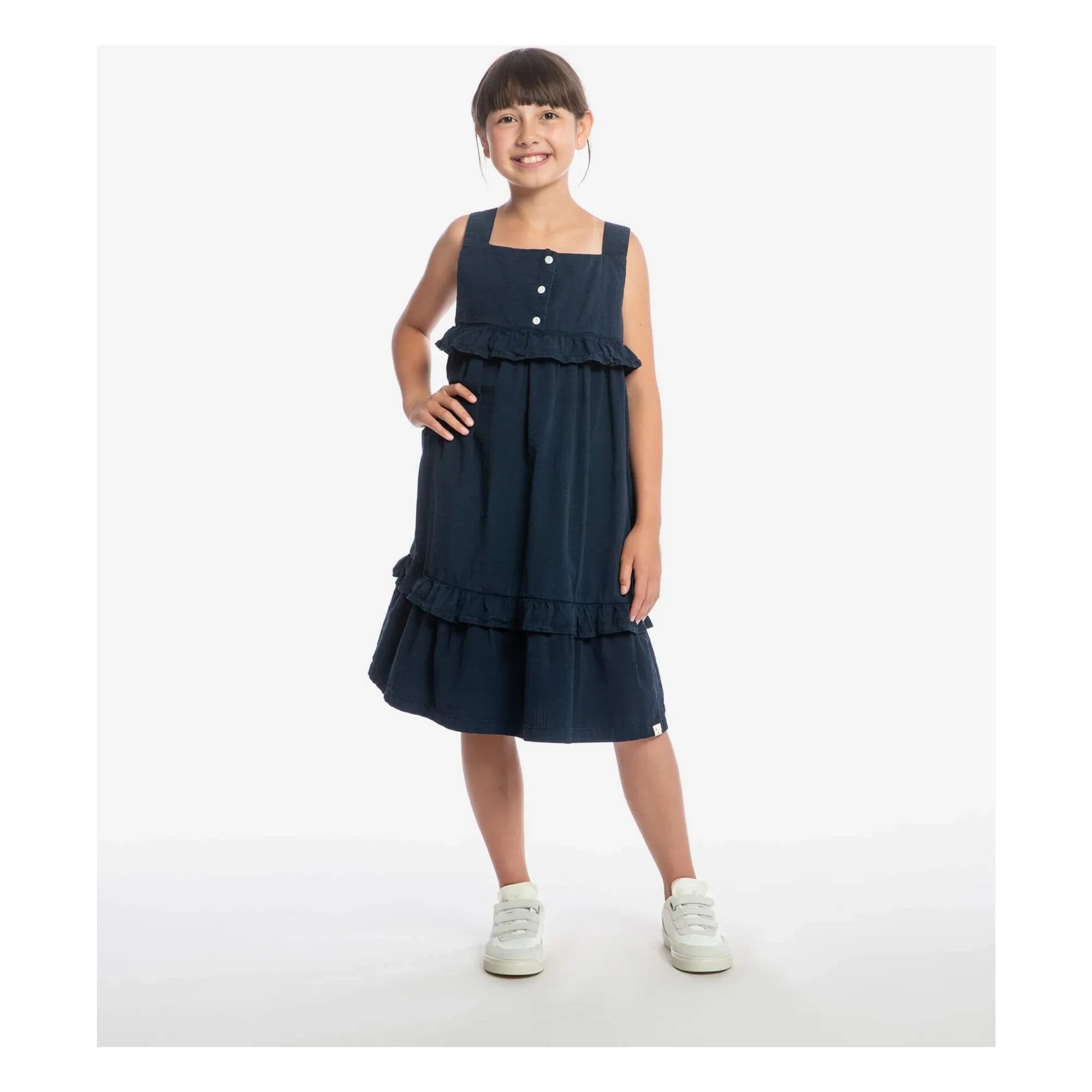 Matona - Vestido con volantes Mi-Long Algodón orgánico | Azul marino