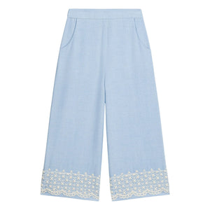 Louise Misha - Pantalones Florelia de algodón orgánico bordado | Azul