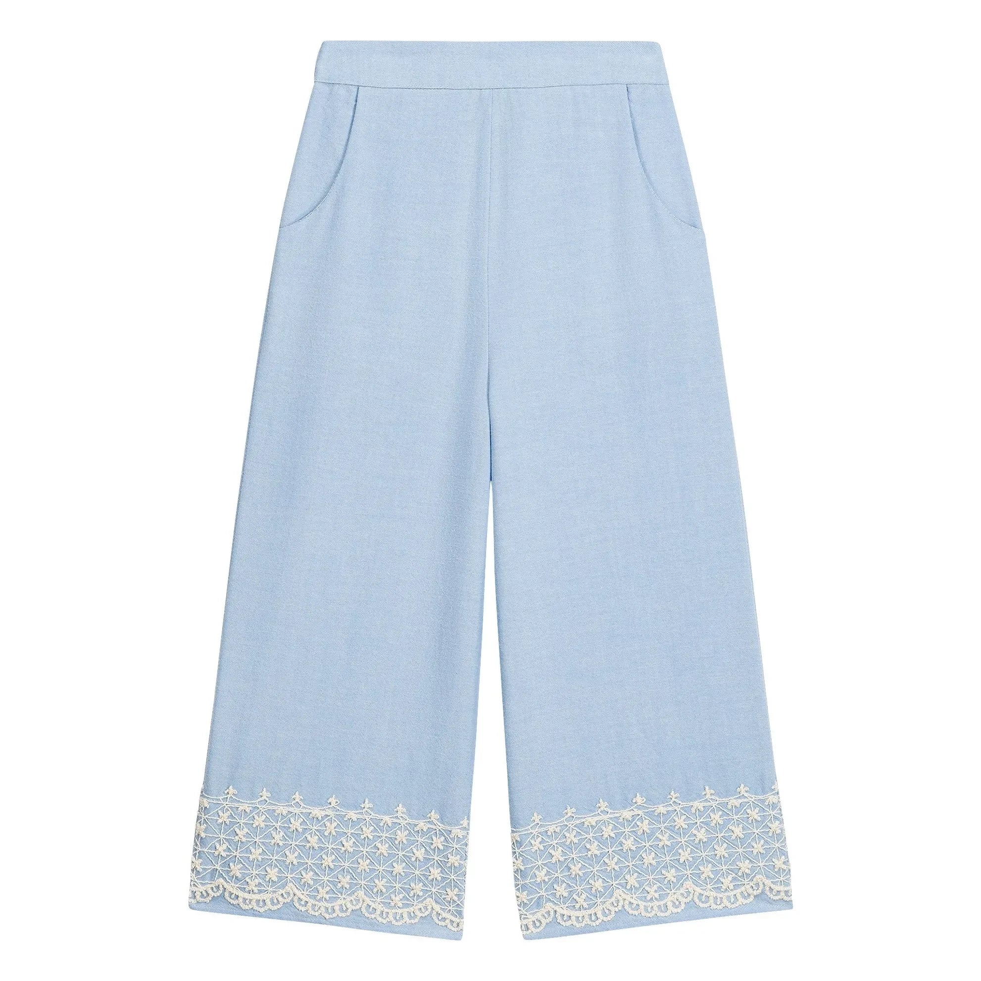 Louise Misha - Pantalones Florelia de algodón orgánico bordado | Azul
