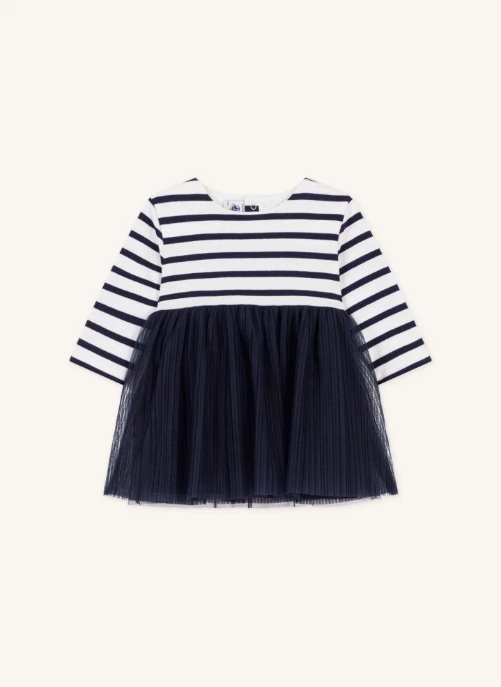 Petit Bateau - Vestido de tul a rayas para bebé | Azul marino