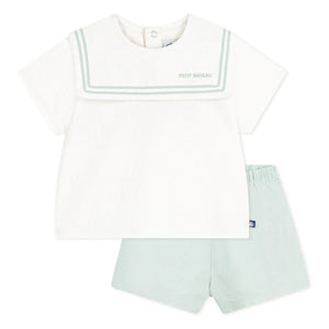 Petit Bateau - Conjunto de top con cuello azul marino y pantalón corto de lino | Sage