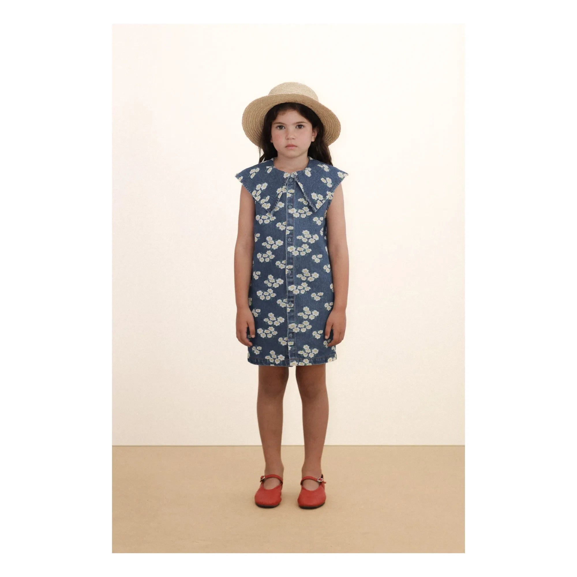 Tinycottons - Vestido Oversize de Margaritas y Cuello Vaquero | Azul