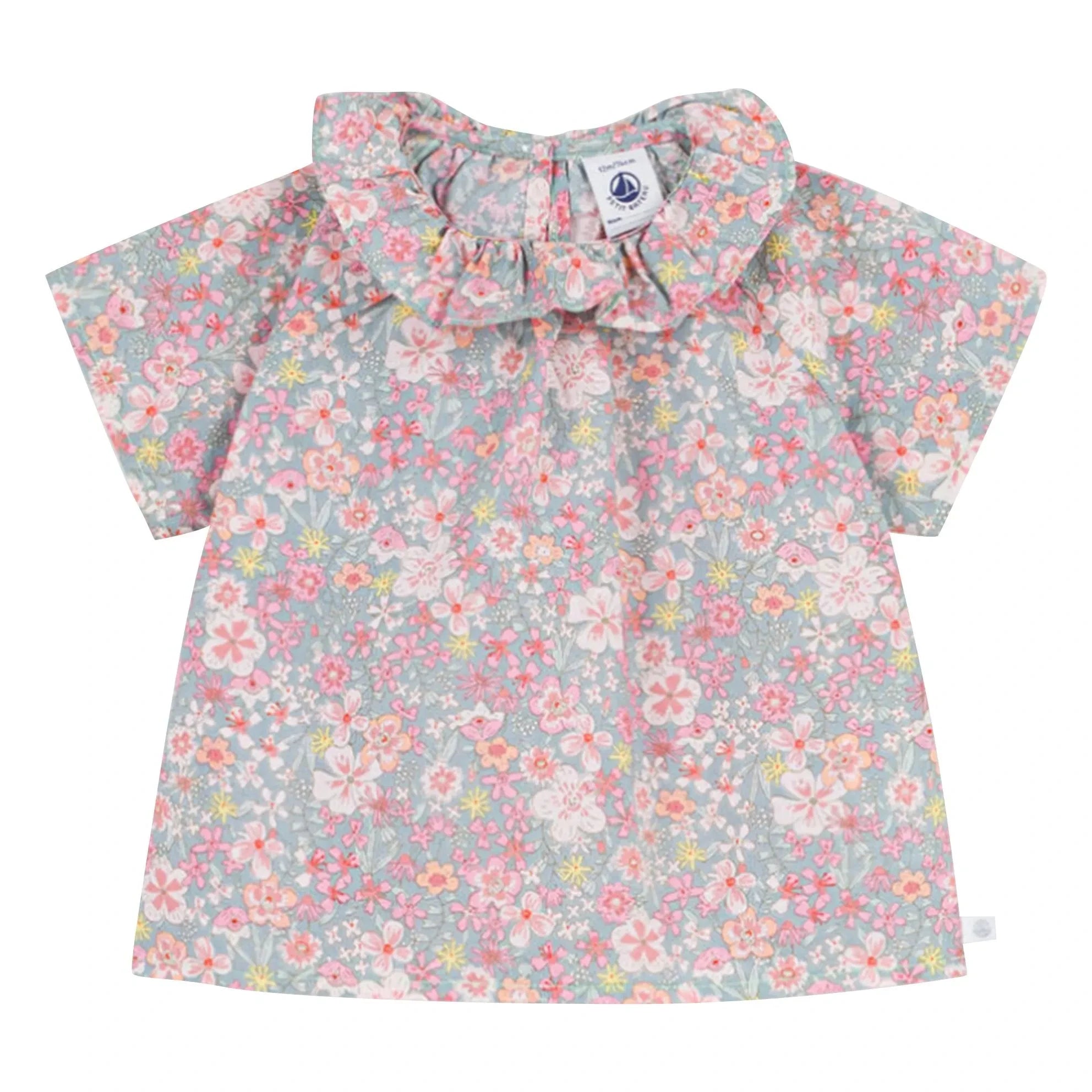 Petit Bateau - Blusa de algodón con volantes y cuello floral | Turquesa