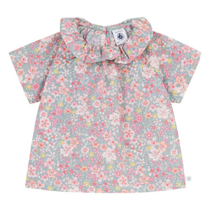 Petit Bateau - Blusa de algodón con volantes y cuello floral | Turquesa