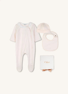 Chloé - Organik Pamuk İşlemeli Pijama, Şapka ve Önlük Seti | Lychee Pembe