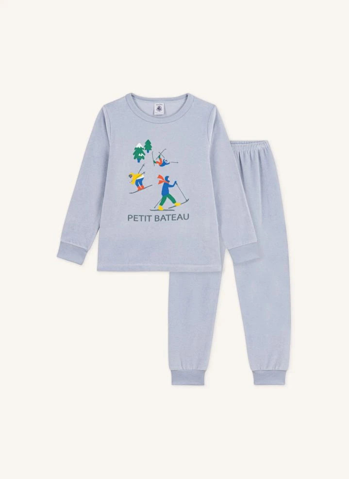 Petit Bateau - Pijama de esquí en terciopelo de algodón orgánico | Gris azulado