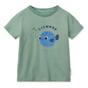 Liewood - Conjunto de camiseta y pantalón corto de algodón orgánico con estampado de pez globo | Verde
