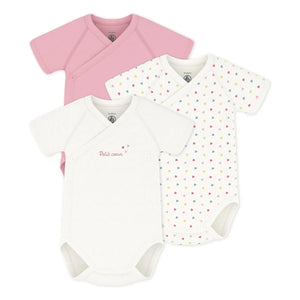 Petit Bateau - Conjunto de 3 bodys cruzados de algodón orgánico con corazones pequeños | Blanco