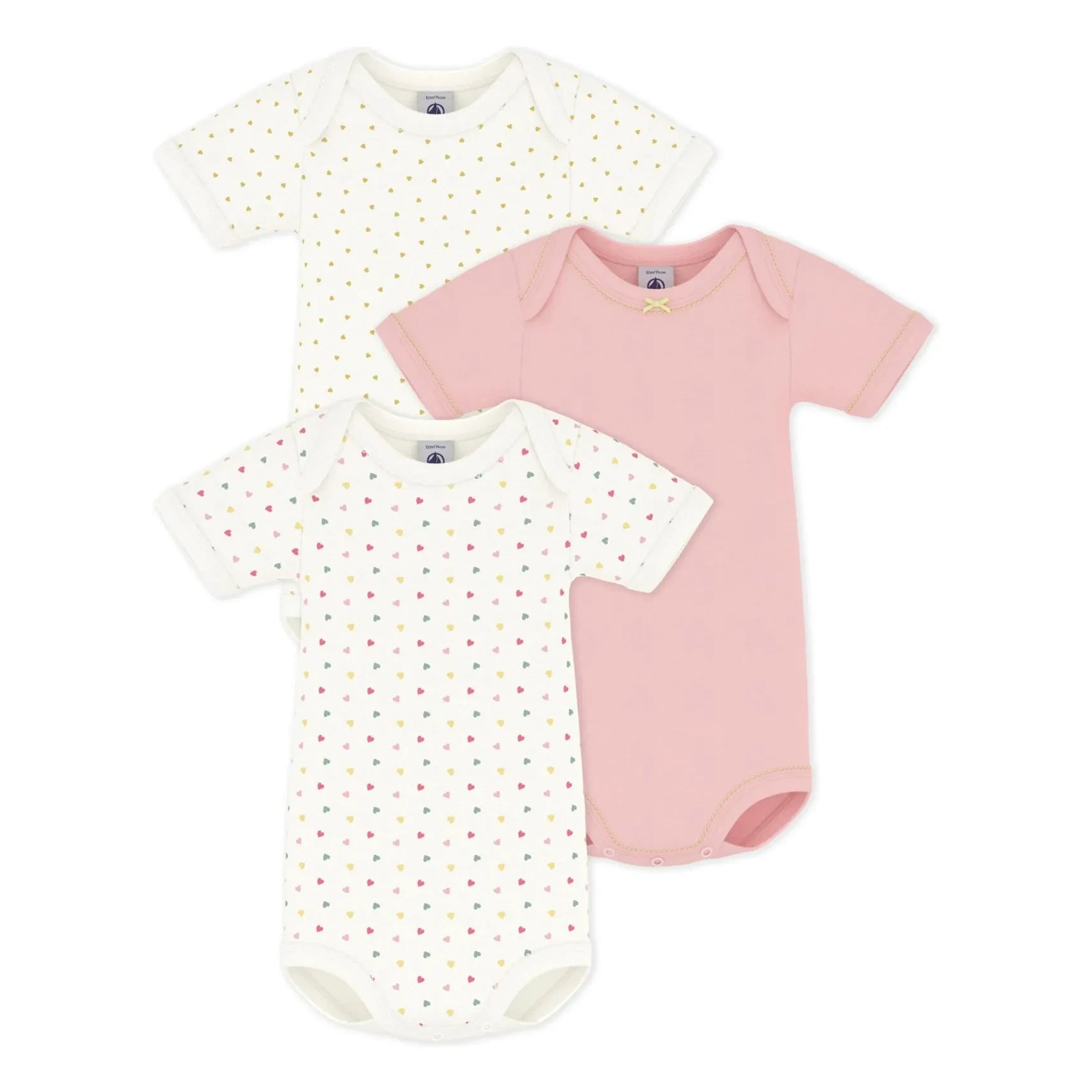 Petit Bateau - Conjunto de 3 bodys de algodón orgánico Mini Heart | Blanco