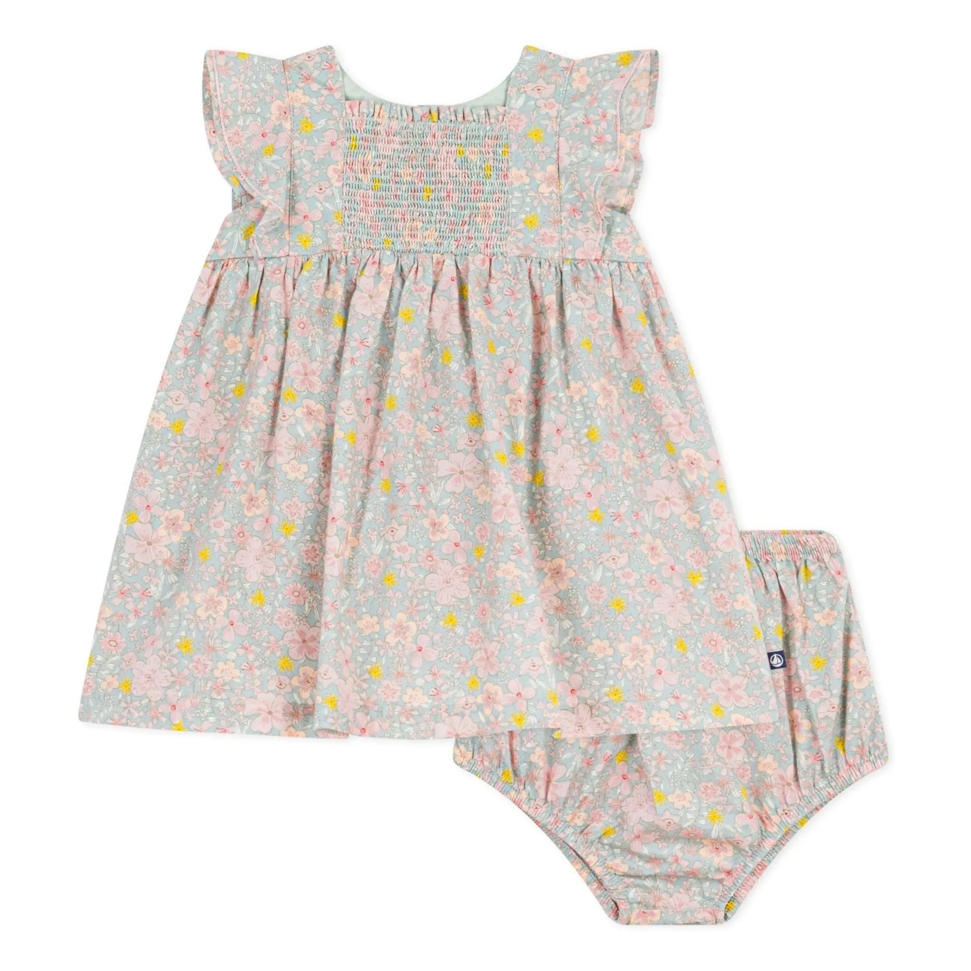Petit Bateau - Conjunto de vestido y braguita bloomer de algodón orgánico con estampado floral | Azul grisáceo
