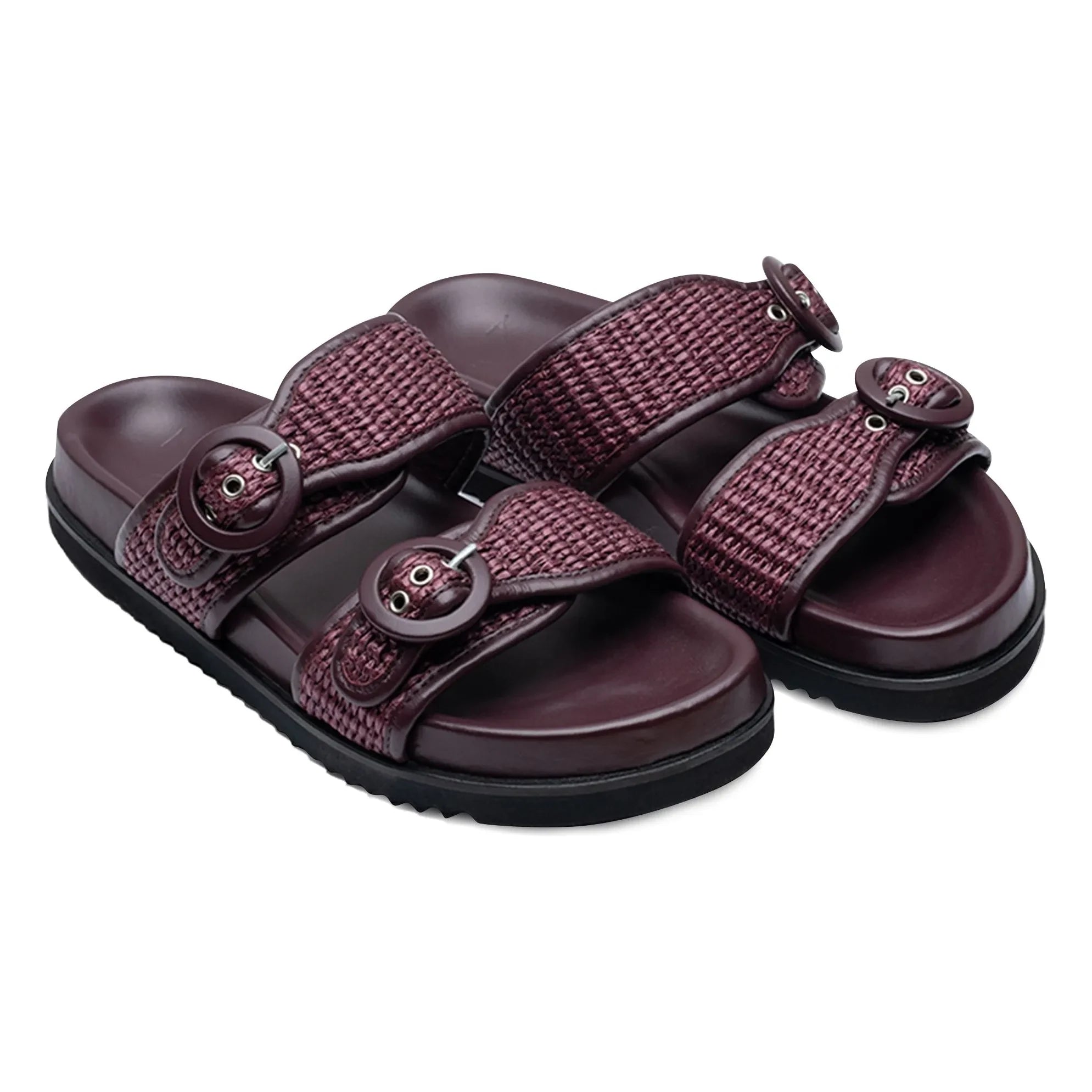 Lachoix - Sandalias de piel y rafia con doble hebilla | Color burdeos