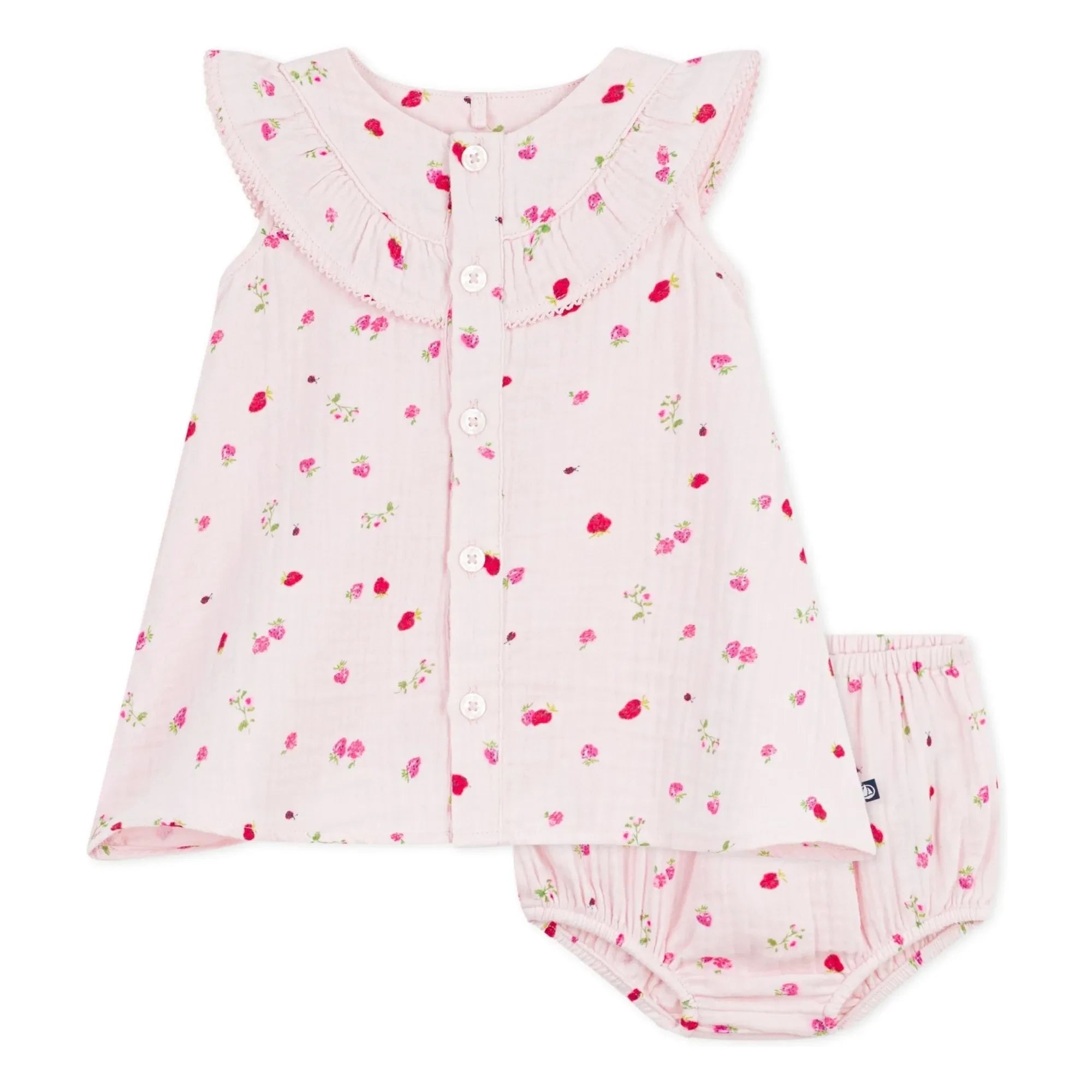 Petit Bateau - Conjunto de vestido y braguita floreados de gasa de algodón orgánico | Rosa