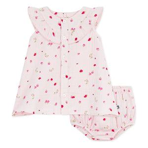 Petit Bateau - Conjunto de vestido y braguita floreados de gasa de algodón orgánico | Rosa