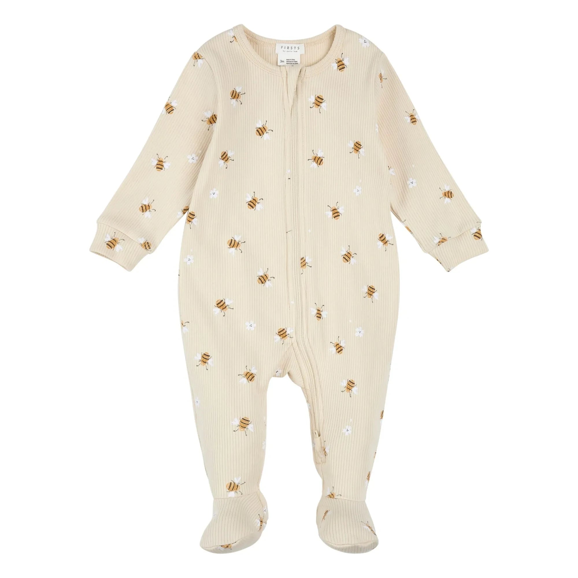 Petit Lem - Pijama con pies, de algodón orgánico con abejas en relieve | Beige