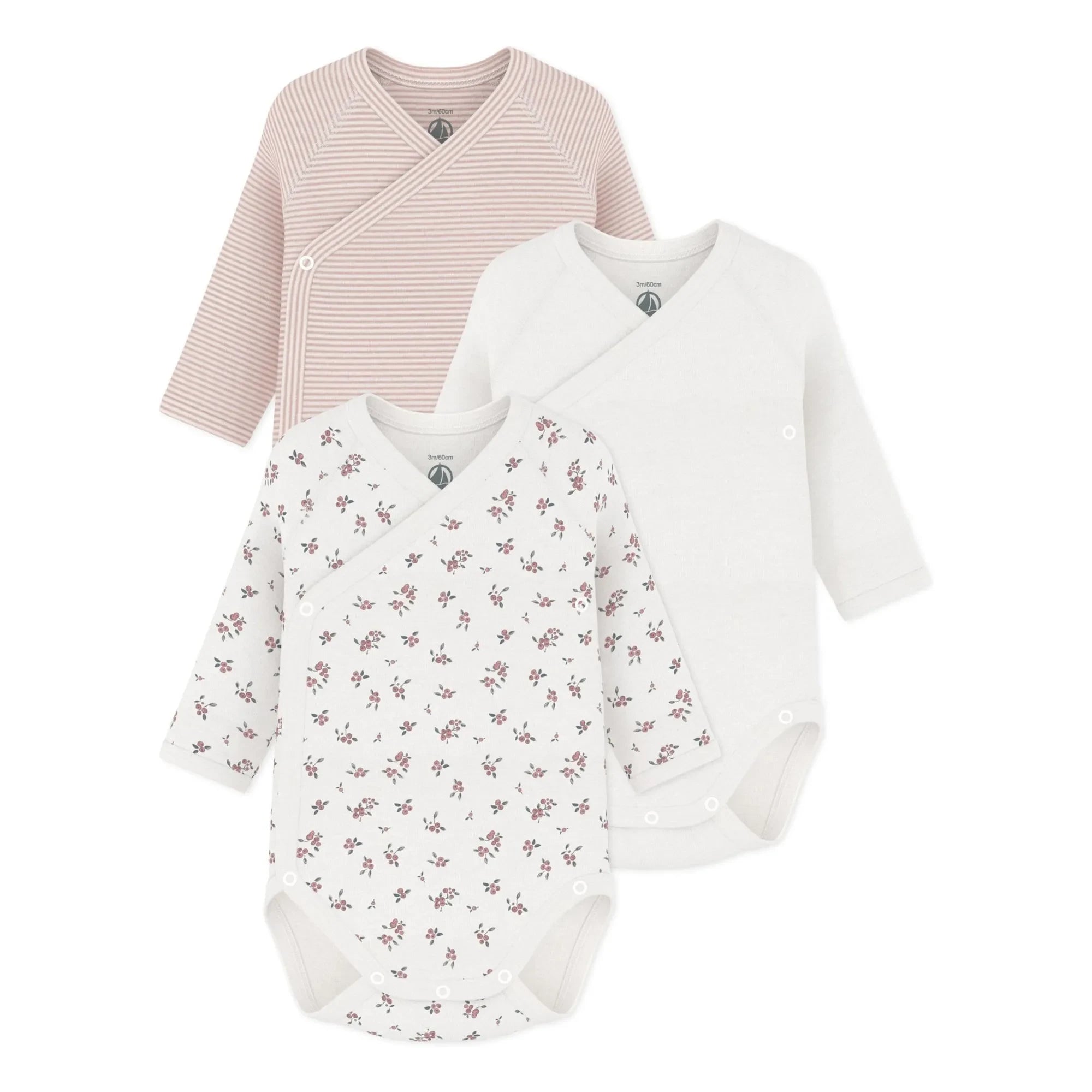 Petit Bateau - Pack de 3 bodys de sarga de algodón orgánico con estampado floral | Blanco