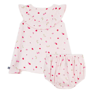 Petit Bateau - Conjunto de vestido y braguita floreados de gasa de algodón orgánico | Rosa