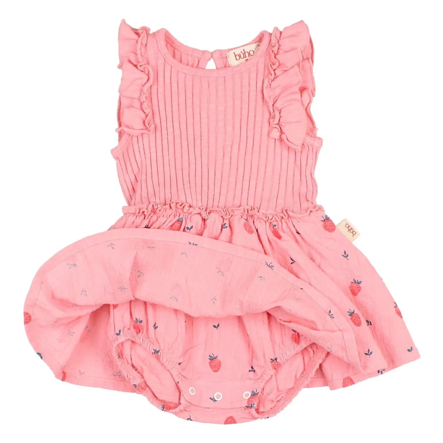 Búho - Body de canalé de algodón orgánico con estampado de fresas | Rosa suave