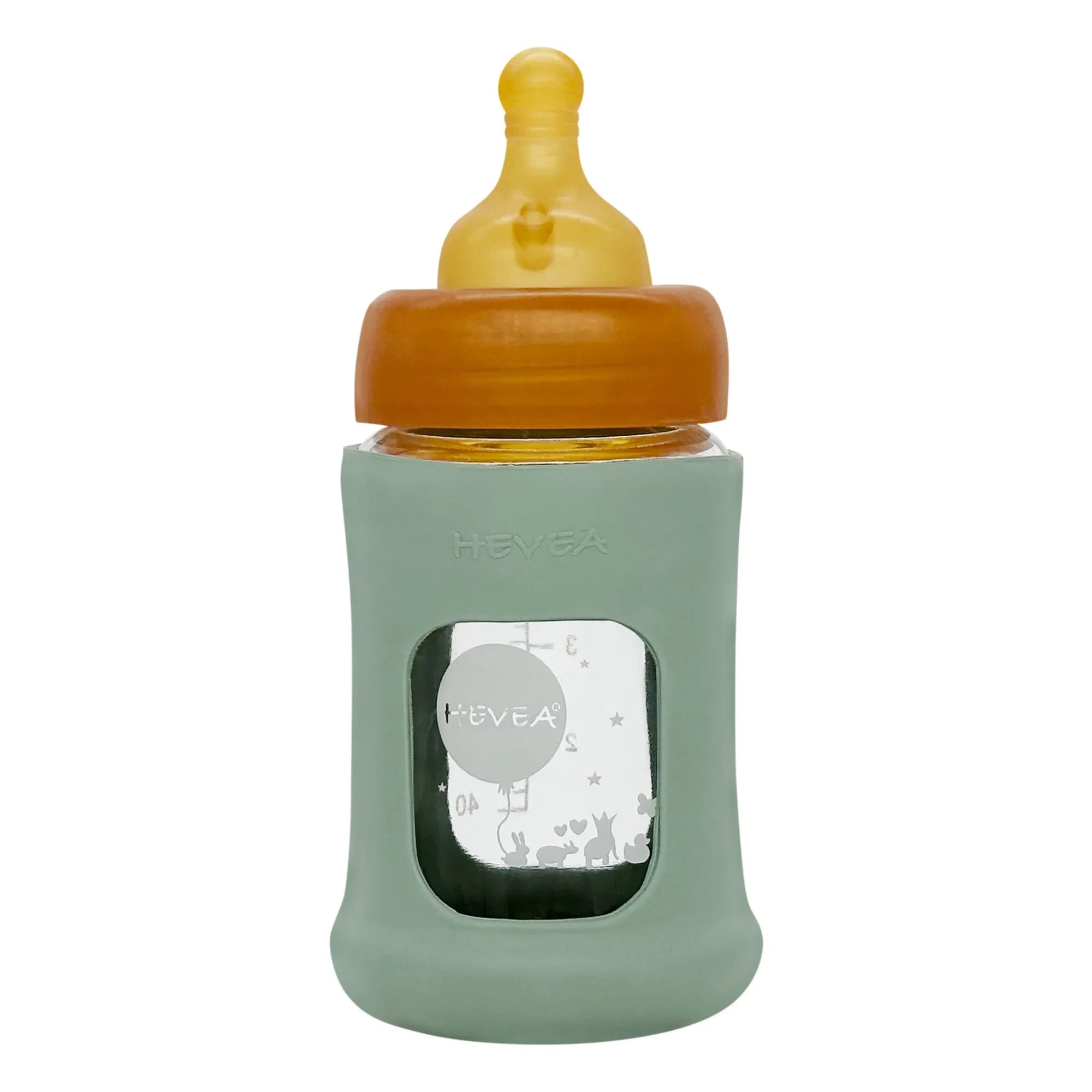 Hevea - Biberón de Cristal con Boca Ancha de Flujo Lento y Funda Protectora | Verde Almendra