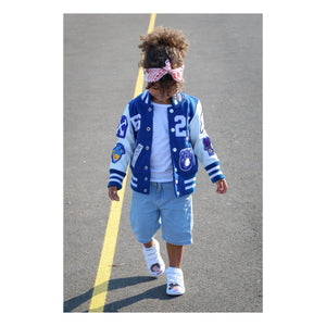 Niño Niña - Chaqueta Bomber Letterman de Cuero Estupenda | Azul