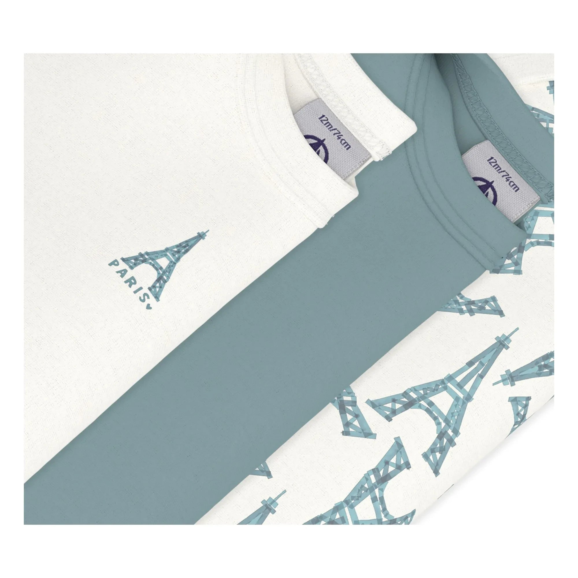 Petit Bateau - Conjunto de 3 bodys de algodón orgánico con Torre Eiffel | Verde