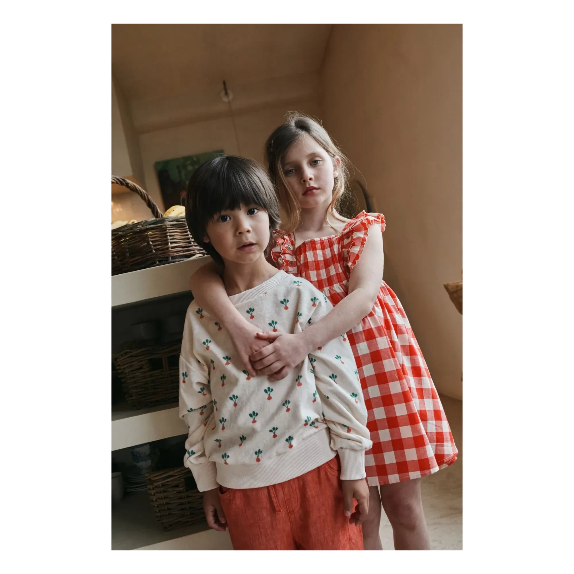 Emile et Ida - Vestido de algodón orgánico con bordado de cuadros | Rojo