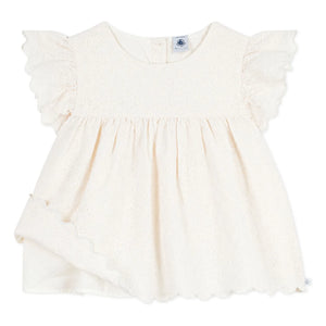 Petit Bateau - Blusa de Algodón Orgánico con Bordado Inglés | Crudo