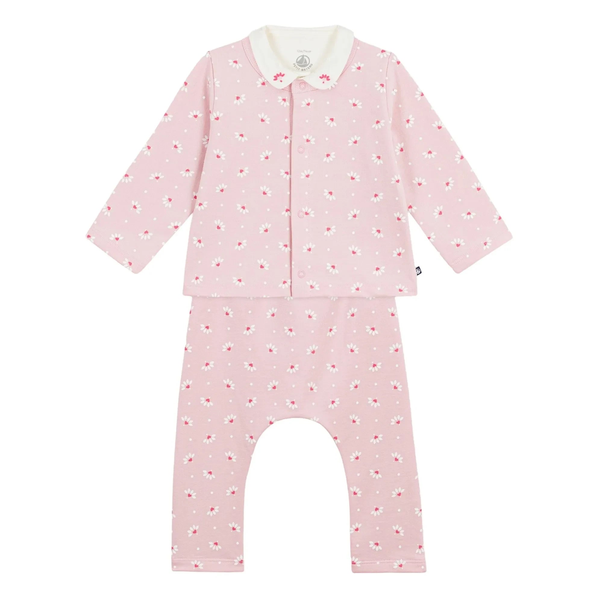 Petit Bateau - Conjunto de cárdigan, pantalón y body de algodón orgánico con estampado floral | Rosa