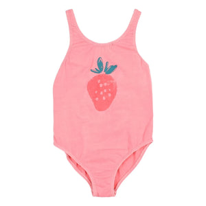 Búho - Bañador de algodón orgánico con estampado de fresas | Rosa suave
