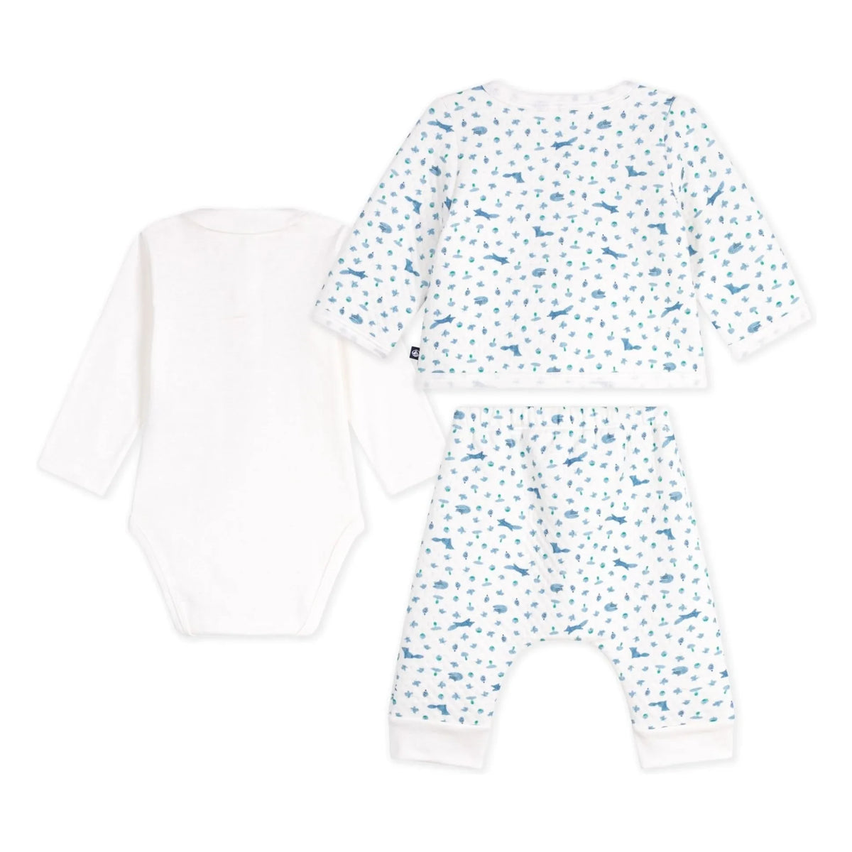Petit Bateau - Conjunto de body, manta y pantalón de algodón orgánico con zorros | Blanco