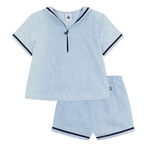 Petit Bateau - Conjunto de Blusa y Cuello Chambray | Azul Claro