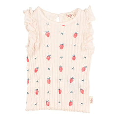 Búho - Top de algodón orgánico con fresas en relieve | Rosa lichi