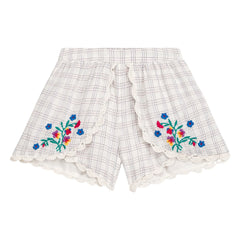 Louise Misha - Shorts bordados asiáticos a cuadros de algodón orgánico | Crema