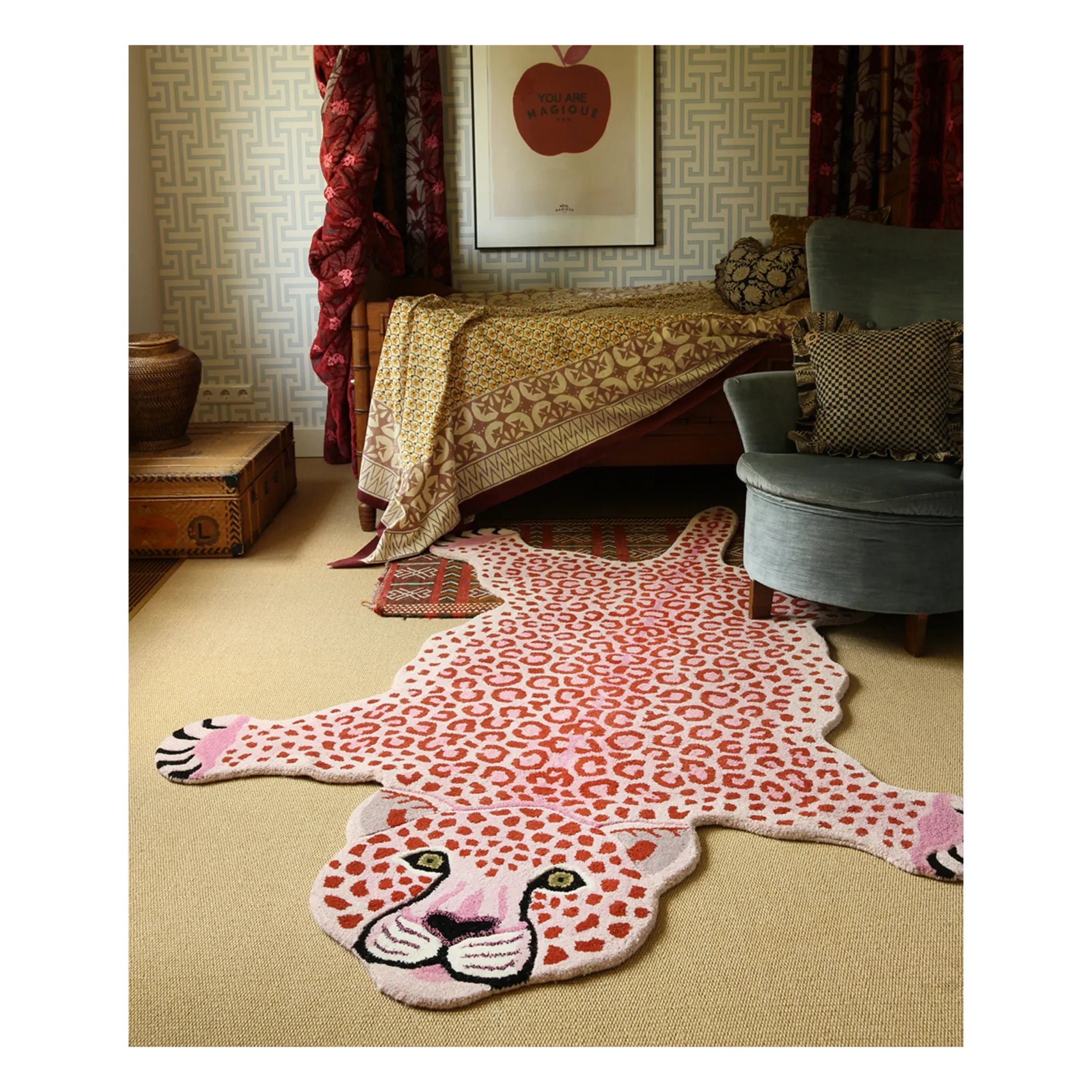 Doing Goods - Alfombra de lana rosa con estampado de leopardo | Rosa