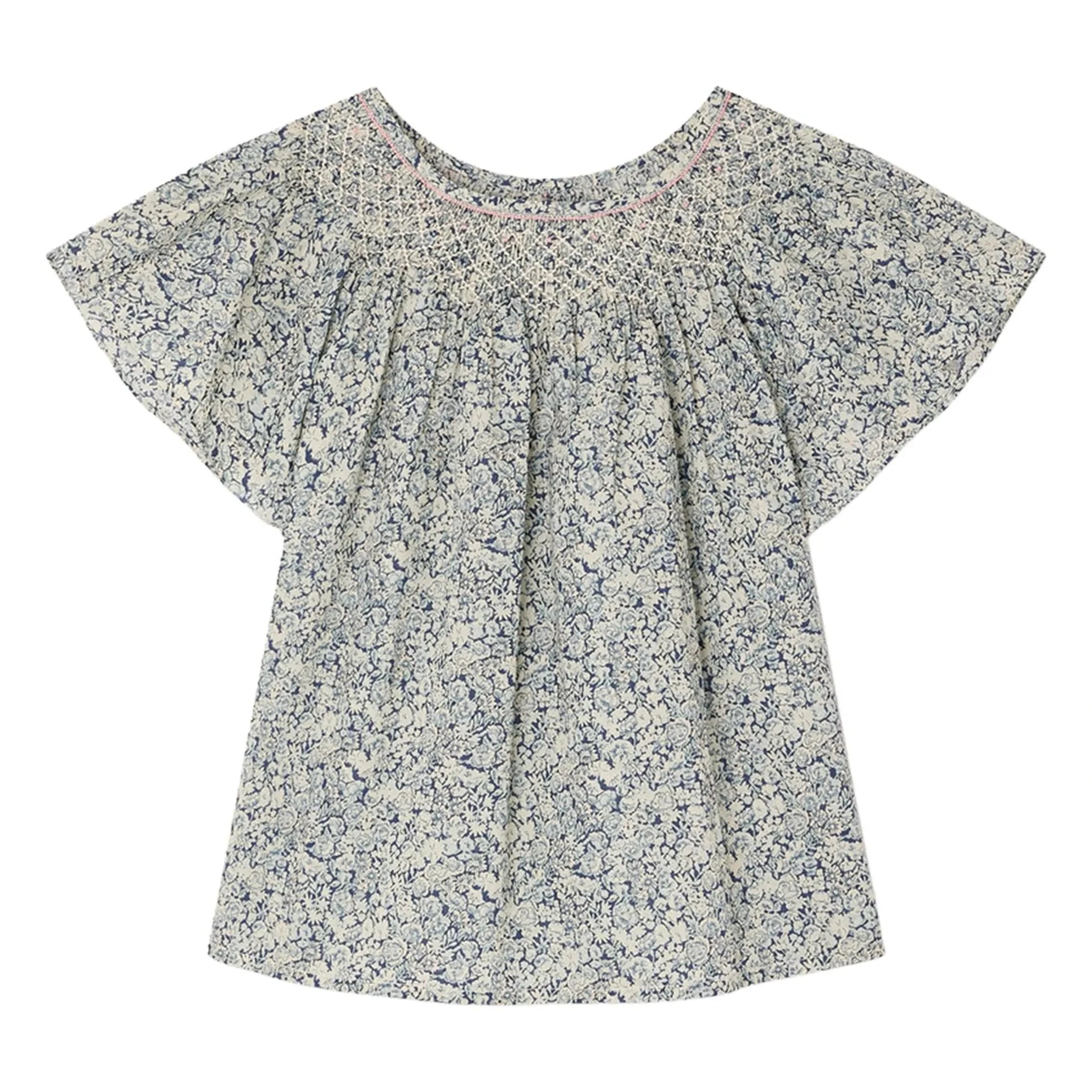 Bonpoint - Blusa Nella Fleurie de algodón orgánico con fruncido | Azul Prusia