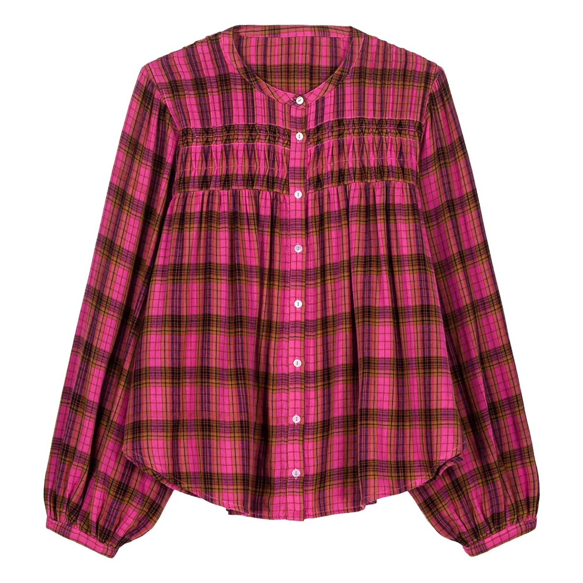 Louise Misha - Blusa Jally Alpenglow Gasa de Algodón Orgánico Cuadros Doble Capa - Colección Mujer | Rosa