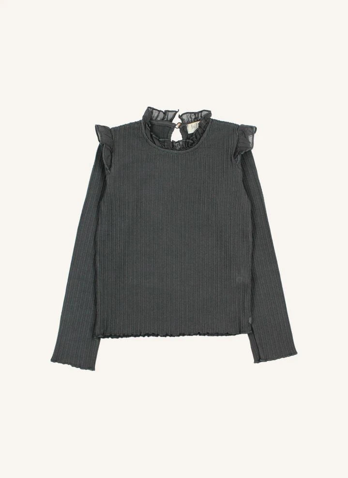 Búho - Camiseta de canalé con volante | Gris carbón