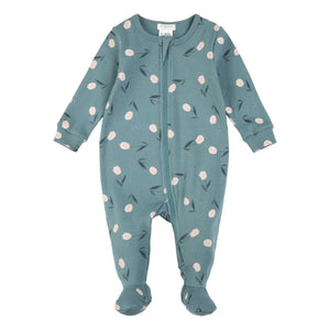 Petit Lem - Pijama de Canalé con Estampado Floral de Algodón Orgánico con Pies | Azul Verde