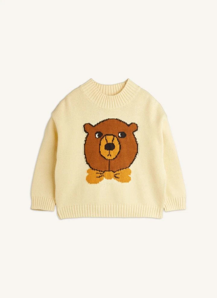 Mini Rodini - Suéter intarsia de algodón orgánico con oso | Ecru