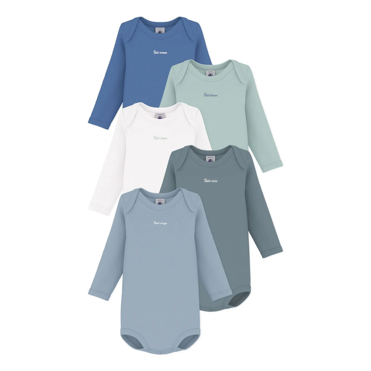 Petit Bateau - Conjunto de 5 Bodys de Algodón Orgánico Petit Coeur | Azul