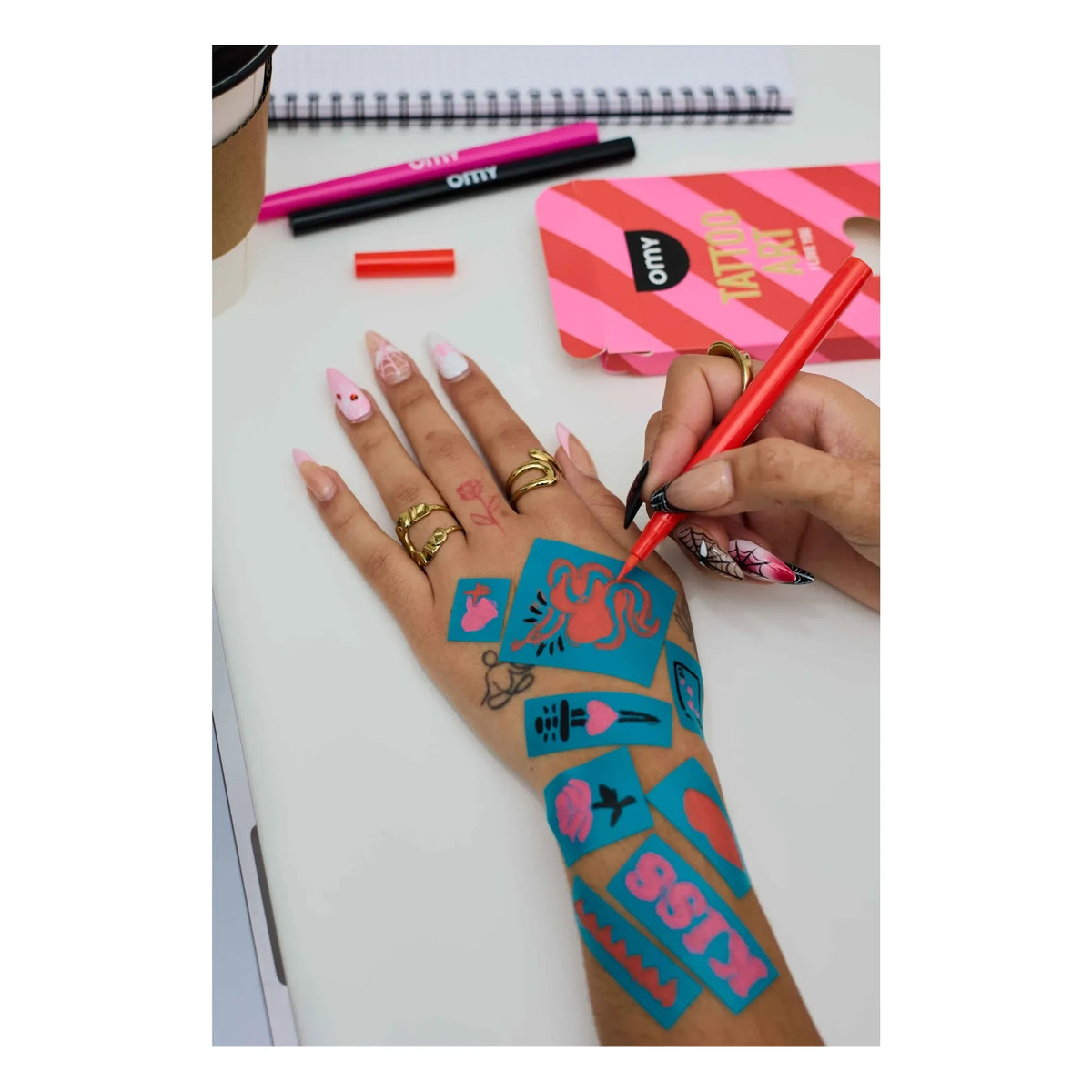 Omy - I Love You Rotuladores de tinta para tatuajes temporales y plantillas | Rosa