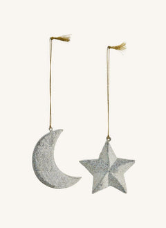 Madam Stoltz - Adorno de papel maché luna y estrella - Set de 2 | Plata