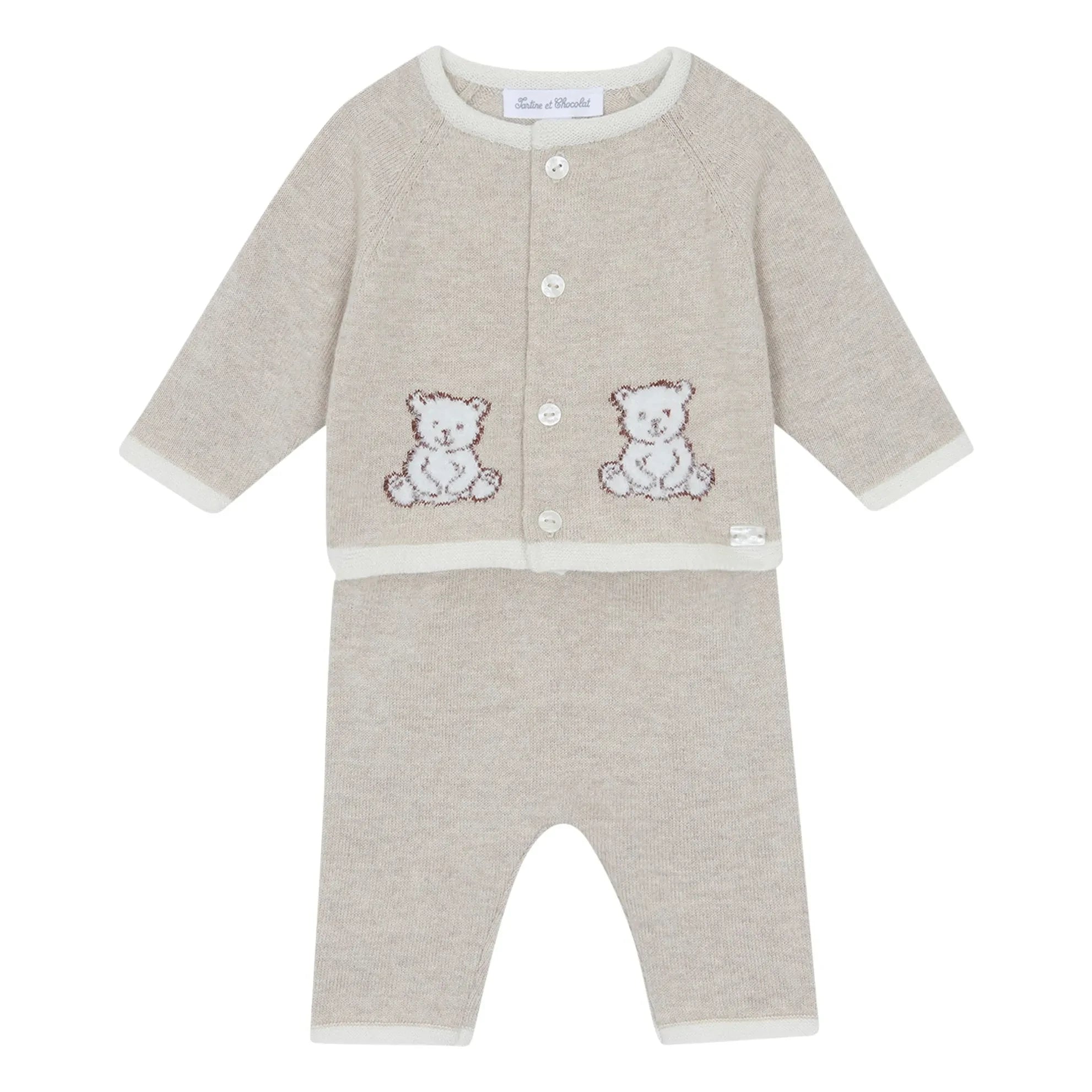 Tartine et Chocolat - Conjunto de cárdigan y pantalón de punto con osito de peluche | Beige brezo
