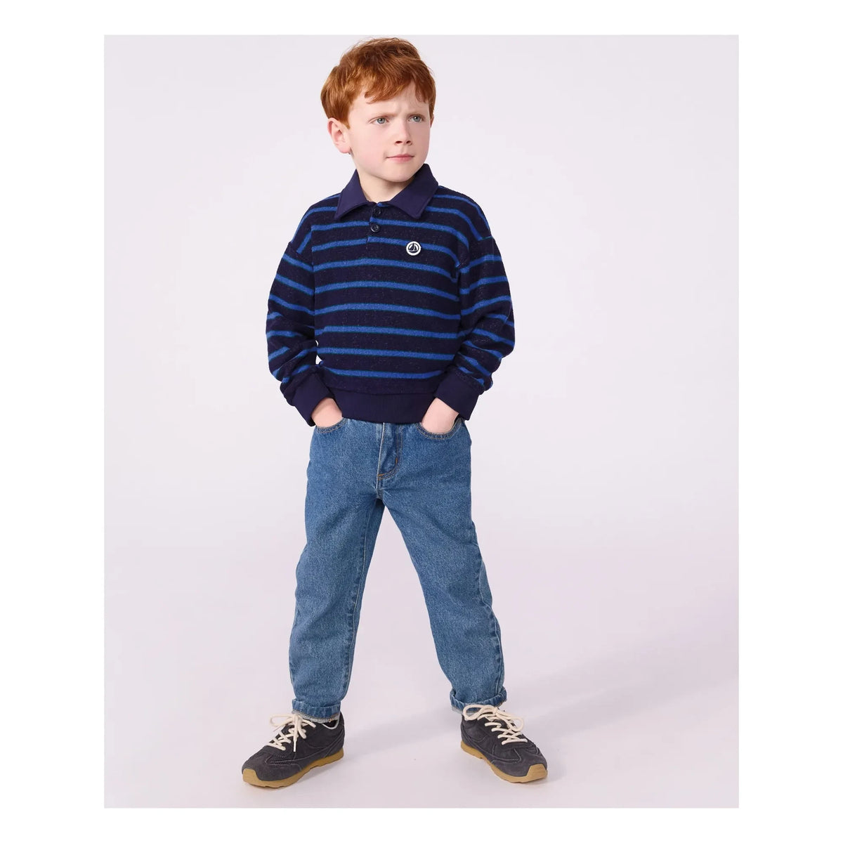Petit Bateau - Sudadera de rayas con cuello polo de modal | Azul