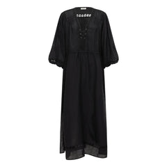 Boteh - Vestido Fruncido de Lino Atlas | Negro