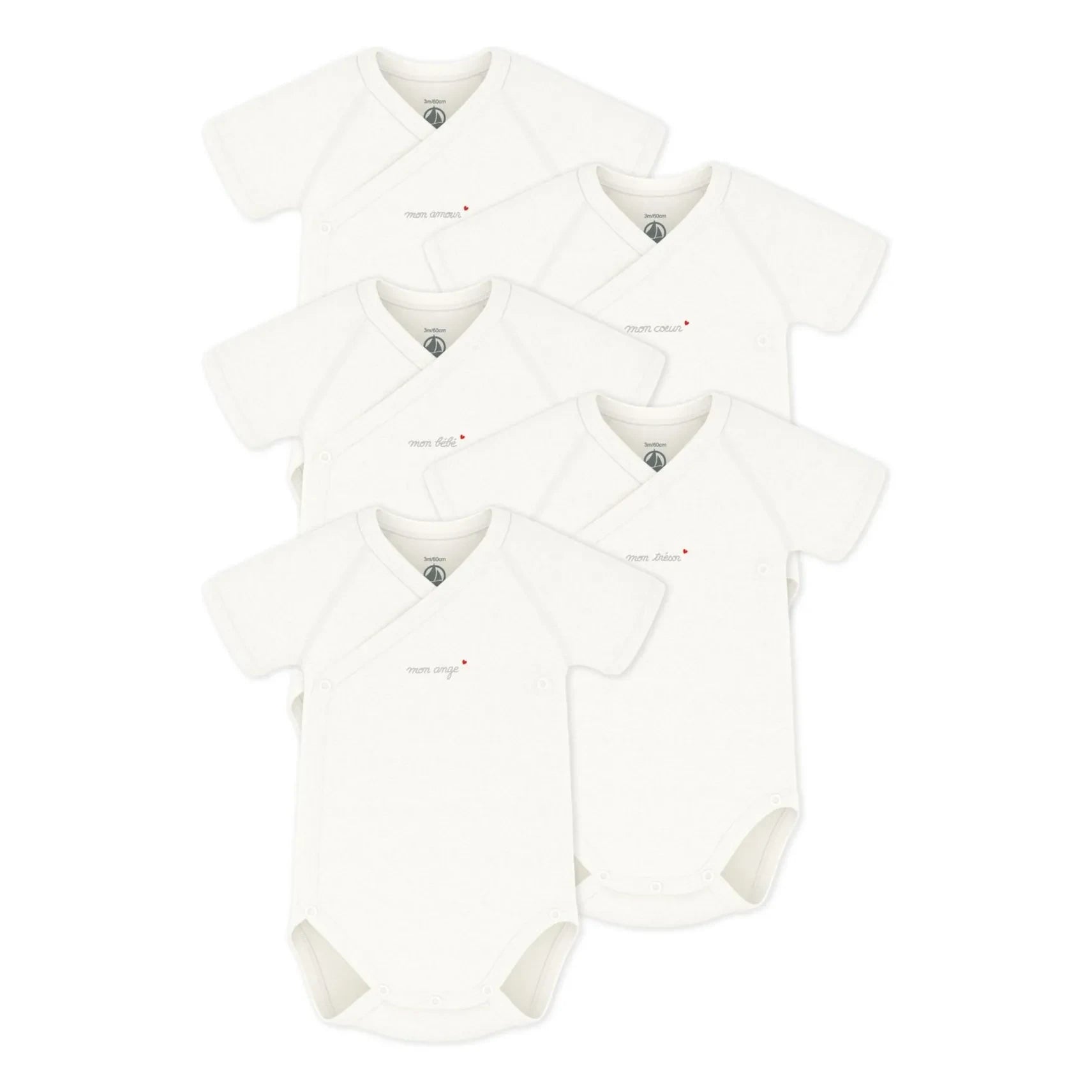 Petit Bateau - Conjunto de 5 bodys de algodón orgánico Mon Ange | Crudo