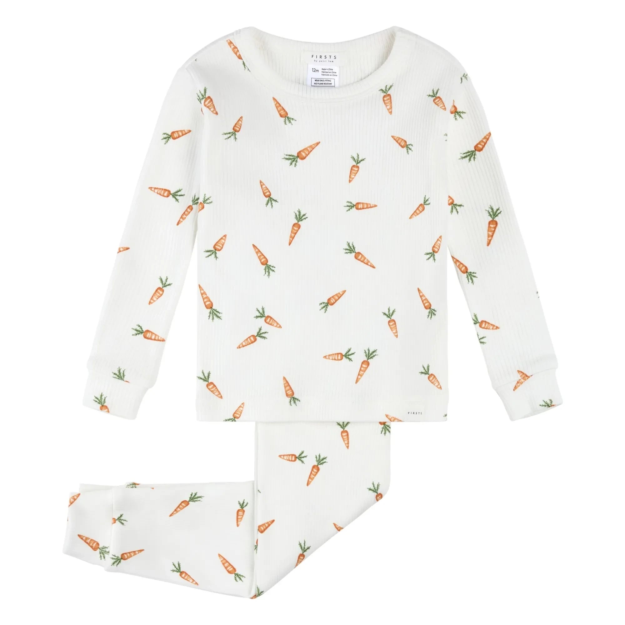 Petit Lem - Pijama de manga larga, algodón orgánico acanalado con estampado de zanahorias | Blanco